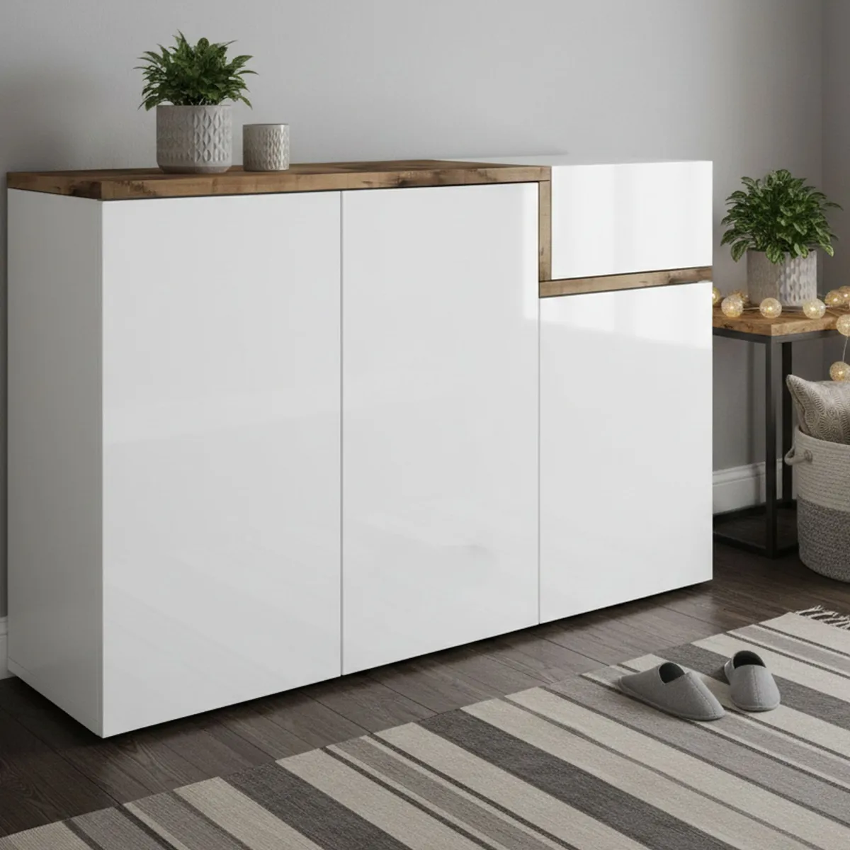 Bagno|Scarpiere > Dmora Scarpiera elegante 4 ante bianca lucida e acero 120x80h cm - Anist Marrone Acero, Bianco Lucido