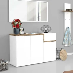 Bagno|Scarpiere > Dmora Scarpiera elegante 4 ante bianca lucida e acero 120x80h cm - Anist Marrone Acero, Bianco Lucido