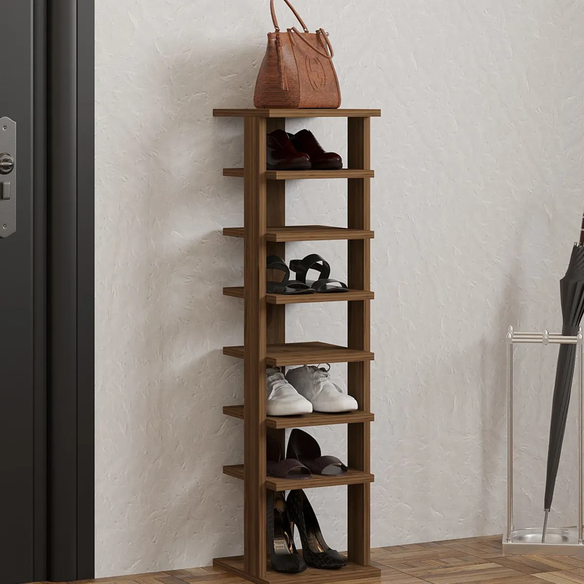 Scarpiere > Dmora Scarpiera 8 Paia 8 Ripiani 30x30x110h cm, 7 Vani - Soddi Marrone Noce