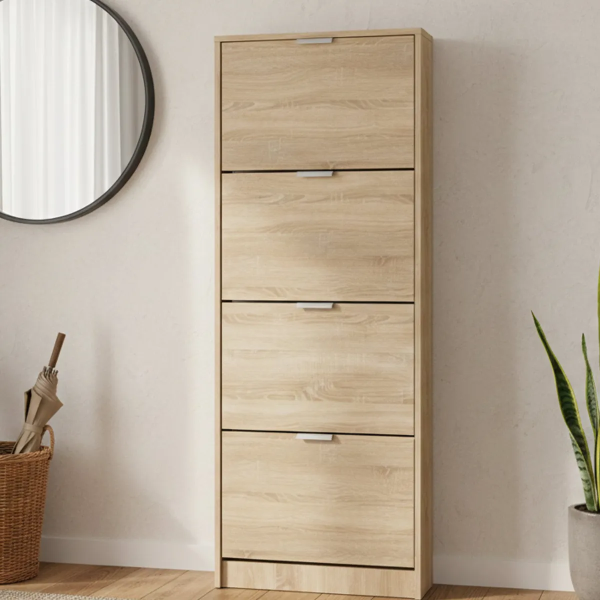 Scarpiere > Dmora Scarpiera un Ripiano 4 Ante 58x18x155.5h cm, kit Fissaggio a Muro Incluso - Pesche Marrone Rovere chiaro