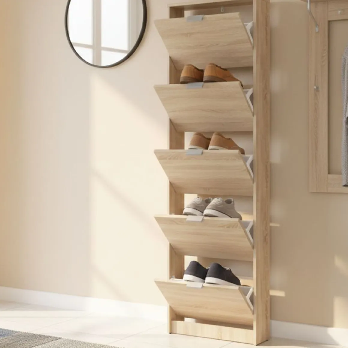 Scarpiera Marrone Rovere Chiaro un Ripiano 5 Ante 58x18x191.5h cm, kit Fissaggio a Muro Incluso - Capriolo