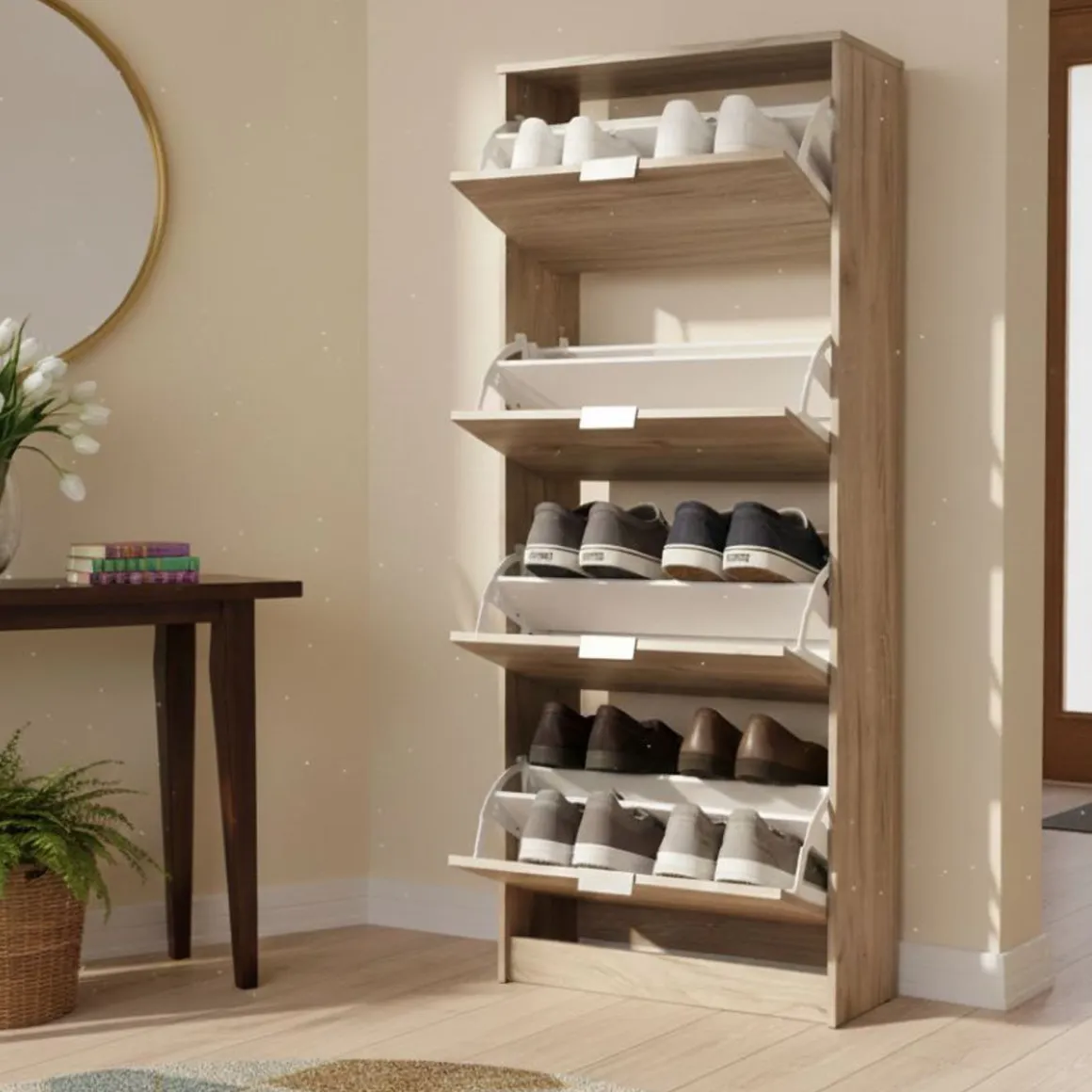 Scarpiera Marrone Rovere Grigio 8 Ripiani 4 Ante 67x28x155.5h cm, Maniglie Incluse - Santina