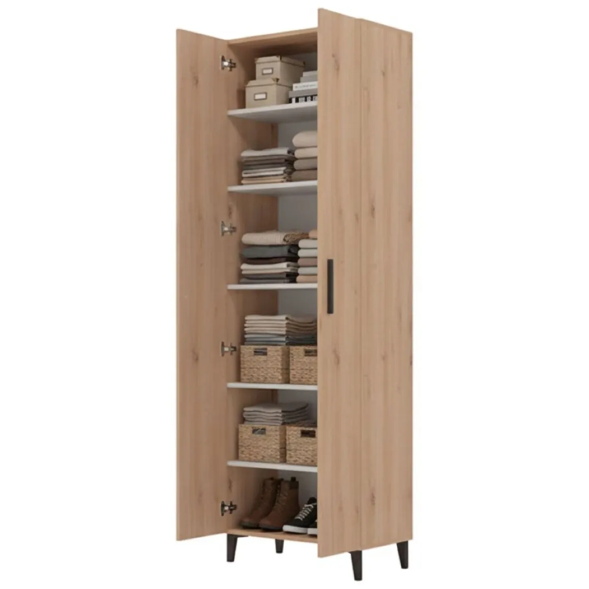 Scarpiera Marrone Rovere Nero 5 Ripiani 2 Ante 67.5x35x195h cm, kit Fissaggio a Muro Incluso - Ciminna
