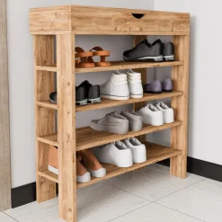 Scarpiere > Dmora Scarpiera 6 Ripiani 2 Ante 60x33x191.5h cm, Maniglie Incluse - Delizia Marrone Rovere Nodi
