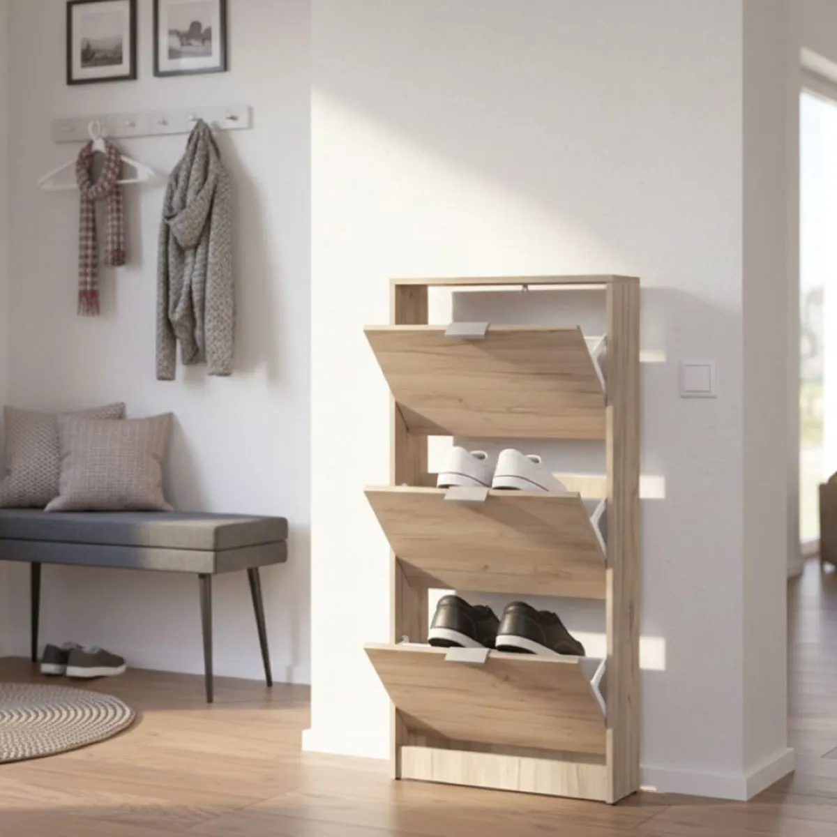 Scarpiere > Dmora Scarpiera 3 Ripiani 3 Ante 58x18x119h cm, Maniglie Incluse - Melle Marrone Rovere scuro