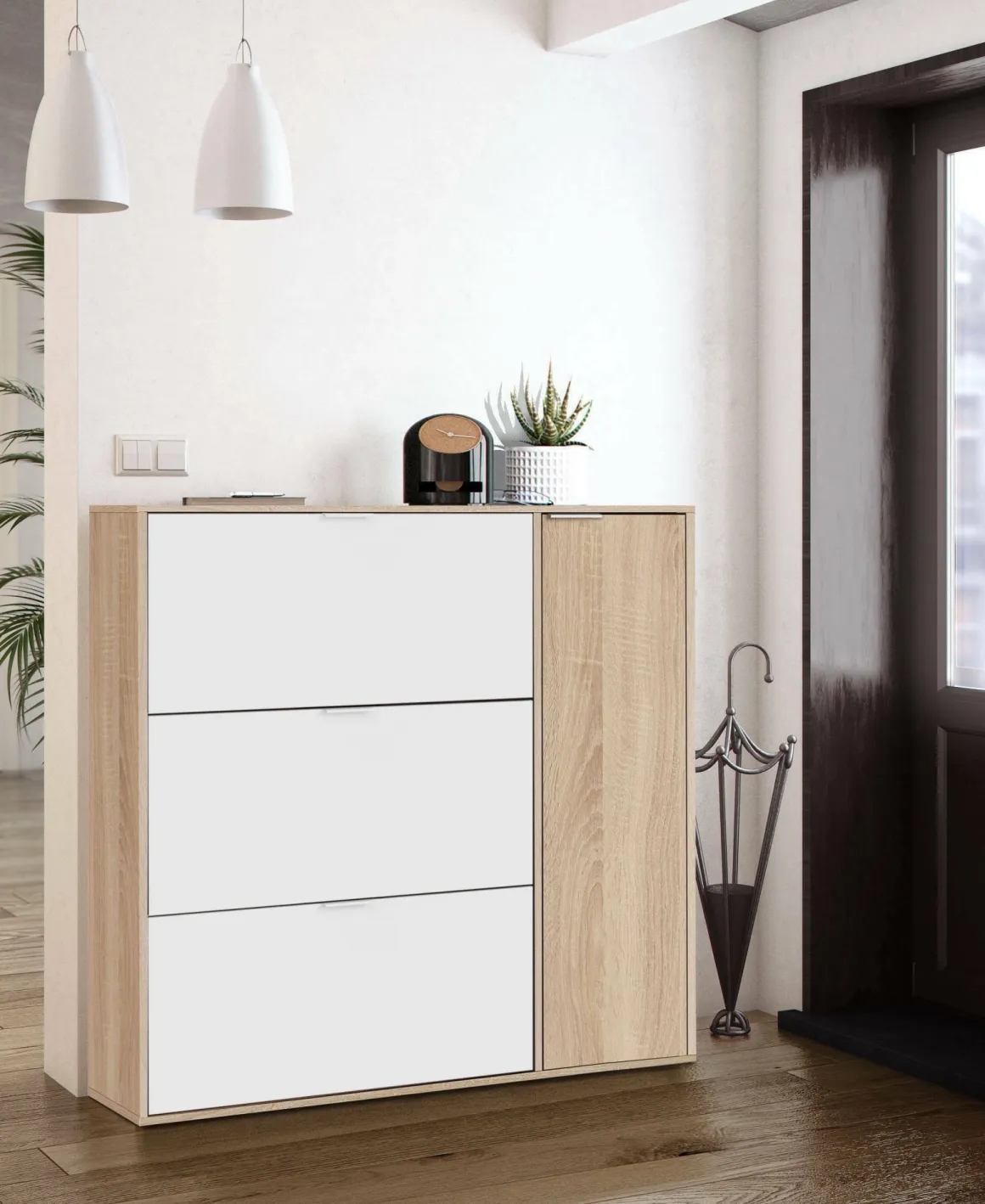 Scarpiera moderna 4 ante rovere e bianca 106x115h cm - Ammour