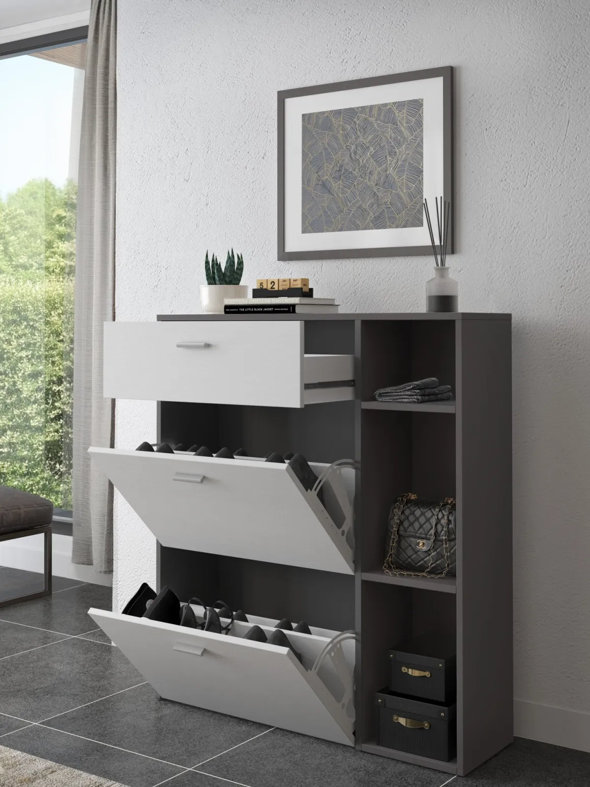 Scarpiera Nero Antracite Bianco 90x26x102h cm, un Cassetto - Samassi
