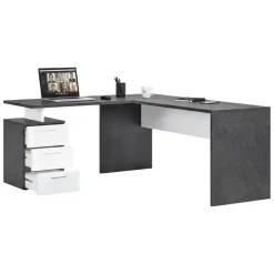Ufficio|Camera Da Letto > Dmora Scrivania angolare ardesia e bianca lucida 180x60cm con 3 cassetti - Ascuby Bianco Lucido, Grigio Ardesia