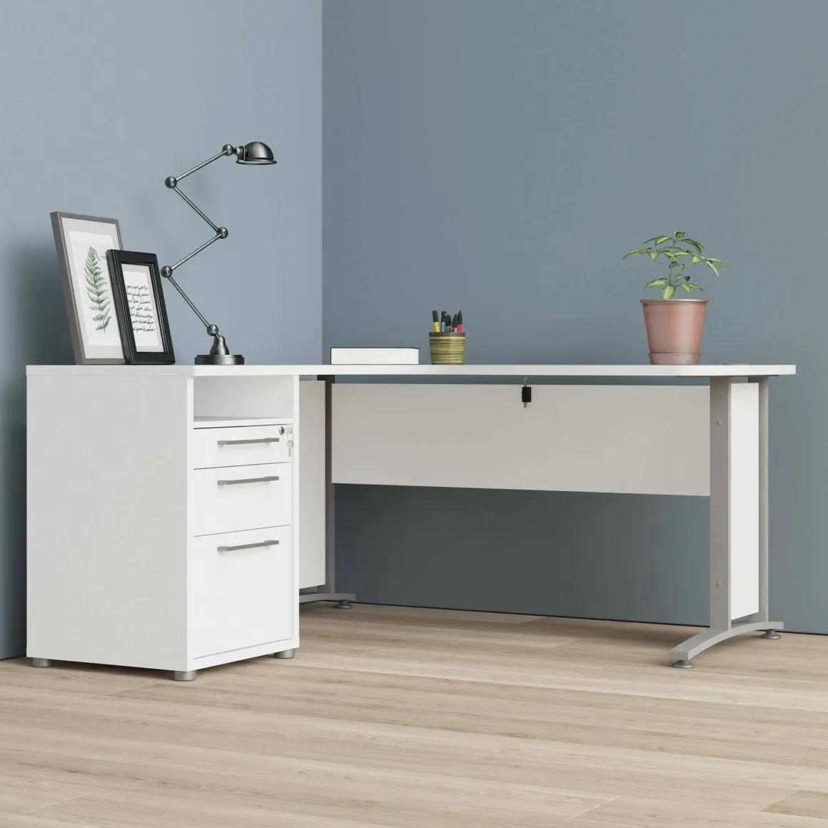Scrivania angolare bianca e grigia 159x150cm con 3 cassetti - Alfango