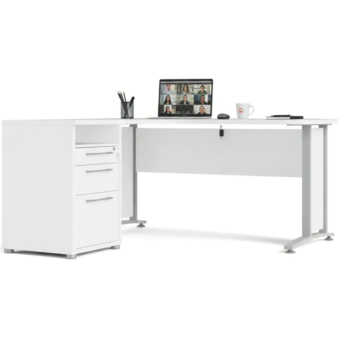 Scrivania angolare bianca e grigia 159x150cm con 3 cassetti - Alfango