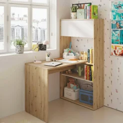 Scrivania angolare bianca e legno 108x140cm con libreria - Apogee