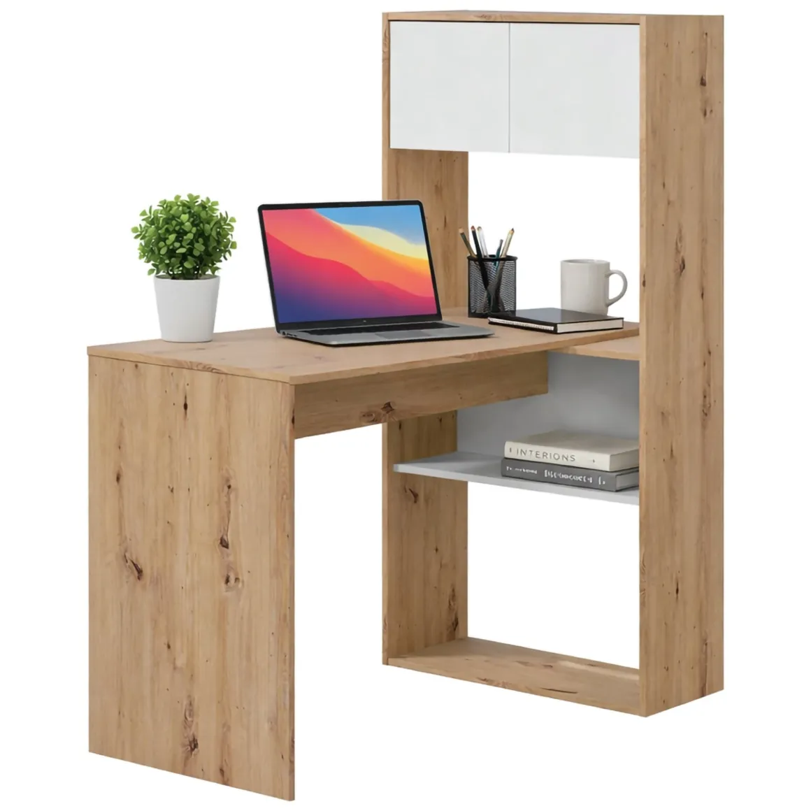 Scrivania angolare bianca e legno 108x140cm con libreria - Apogee