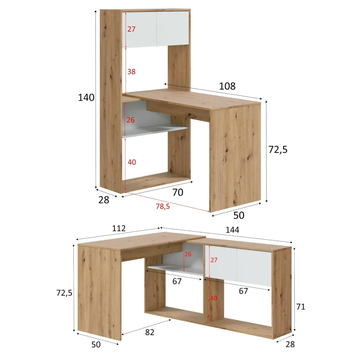 Scrivania angolare bianca e legno 108x140cm con libreria - Apogee