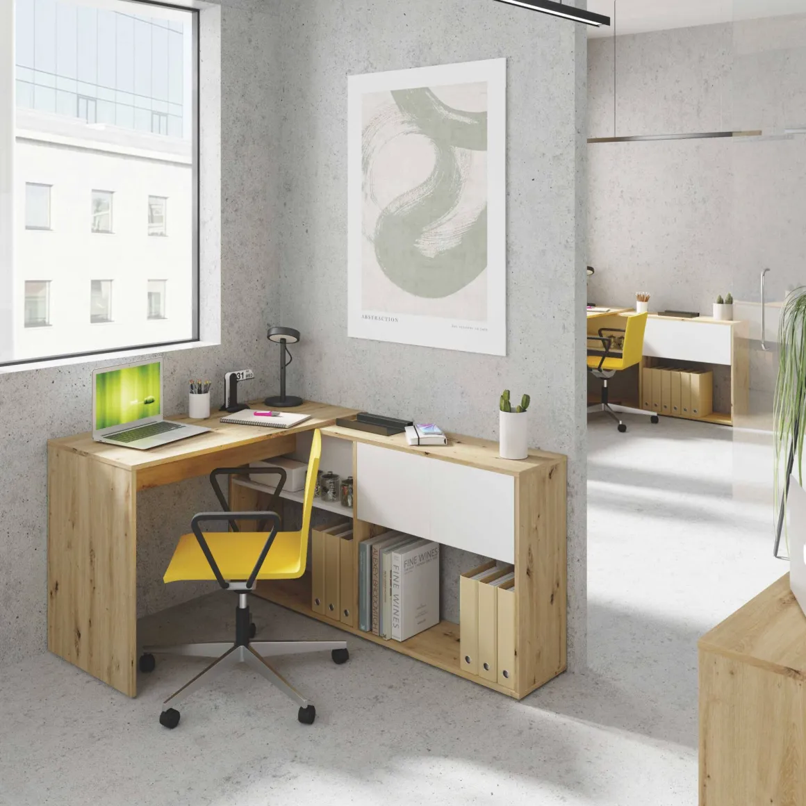 Scrivania angolare bianca e legno 108x140cm con libreria - Apogee