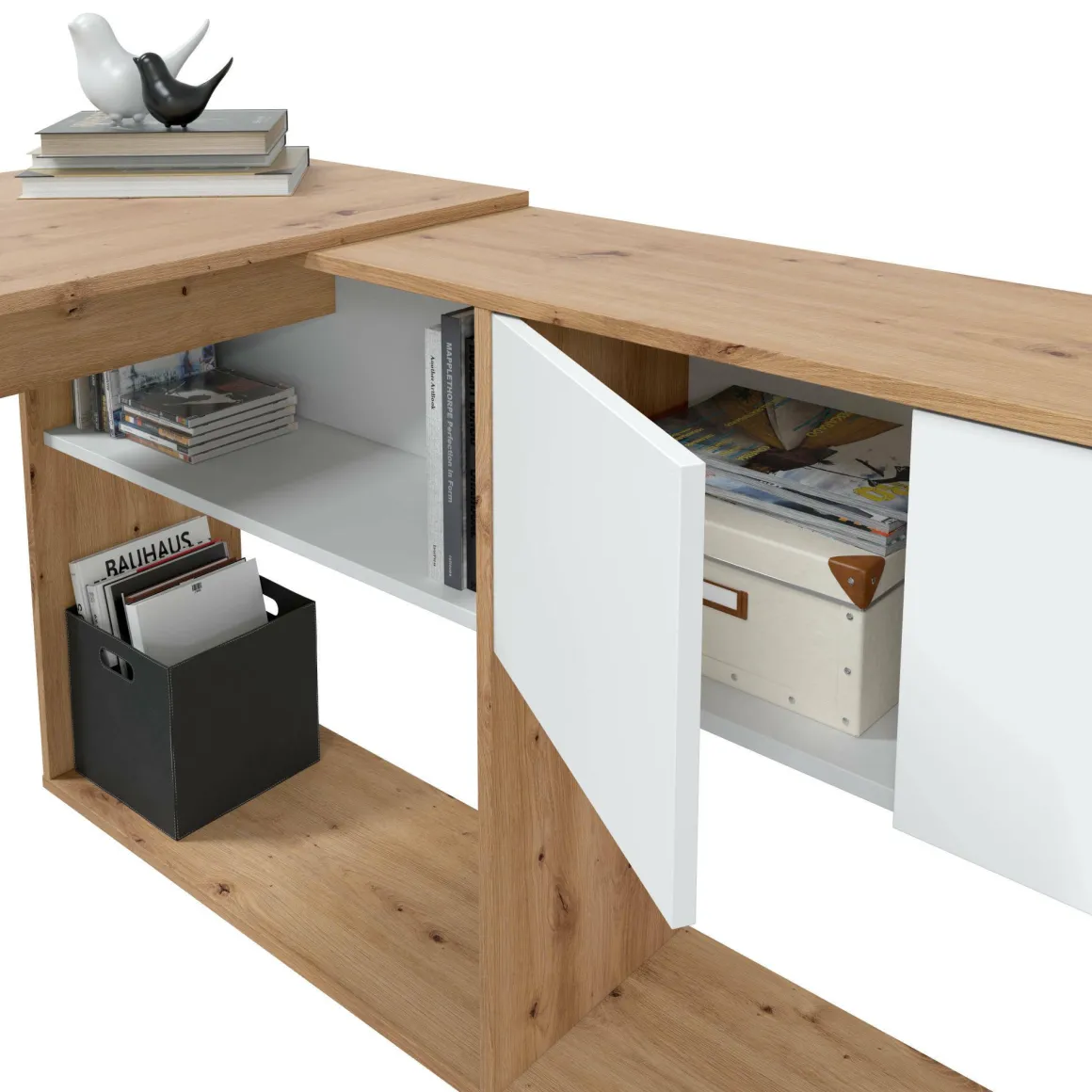 Scrivania angolare bianca e legno 108x140cm con libreria - Apogee