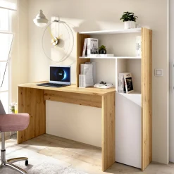 Ufficio|Camera Da Letto > Dmora Scrivania angolare bianca e rovere nodi 110x81cm con libreria - Aiden Marrone, Bianco Rovere Nodi
