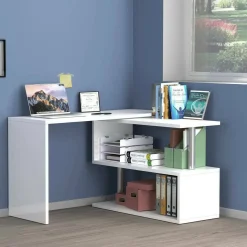 Ufficio|Camera Da Letto > Dmora Scrivania angolare bianca lucida 120x50cm con 2 cassetti - Topazio Bianco Lucido