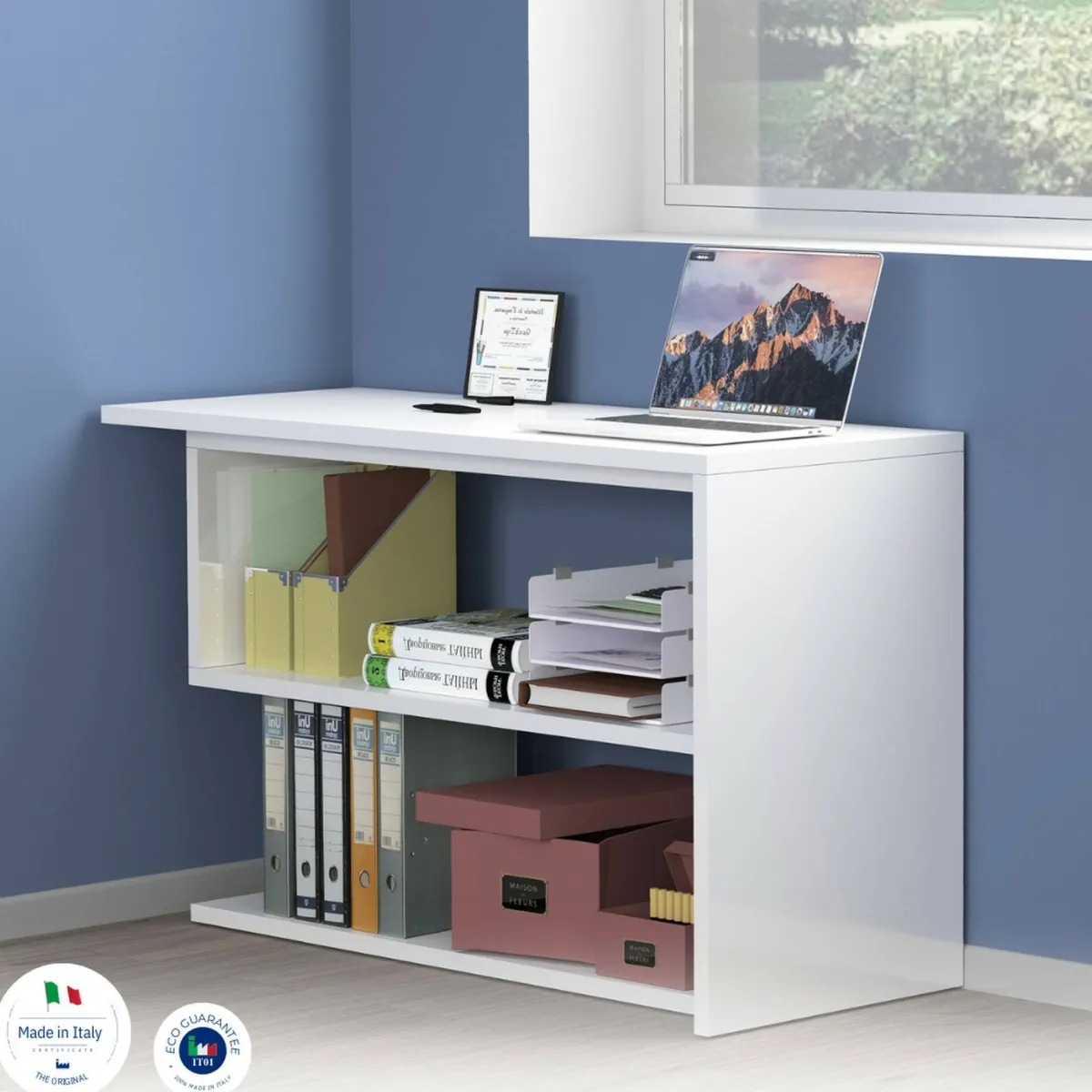 Ufficio|Camera Da Letto > Dmora Scrivania angolare bianca lucida 120x50cm con 2 cassetti - Topazio Bianco Lucido