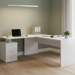 Ufficio|Camera Da Letto > Dmora Scrivania angolare bianca lucida e legno 139x92cm con 1 cassetto - Andor Marrone Rovere, Bianco Lucido