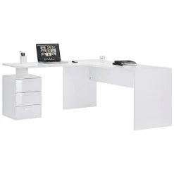 Ufficio|Camera Da Letto > Dmora Scrivania angolare bianca lucida e legno 139x92cm con 1 cassetto - Andor Marrone Rovere, Bianco Lucido