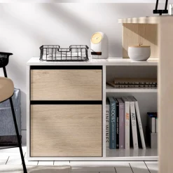 Ufficio|Camera Da Letto > Dmora Scrivania angolare bianca lucida e legno 139x92cm con 1 cassetto - Andor Marrone Rovere, Bianco Lucido