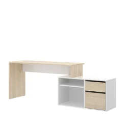 Ufficio|Camera Da Letto > Dmora Scrivania angolare bianca lucida e legno 139x92cm con 1 cassetto - Andor Marrone Rovere, Bianco Lucido