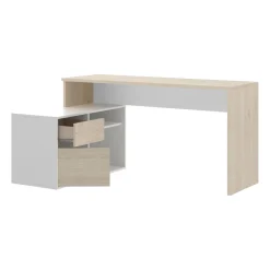 Ufficio|Camera Da Letto > Dmora Scrivania angolare bianca lucida e legno 139x92cm con 1 cassetto - Andor Marrone Rovere, Bianco Lucido