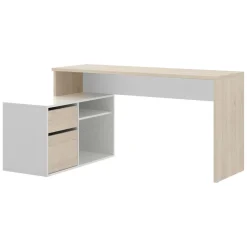 Ufficio|Camera Da Letto > Dmora Scrivania angolare bianca lucida e legno 139x92cm con 1 cassetto - Andor Marrone Rovere, Bianco Lucido