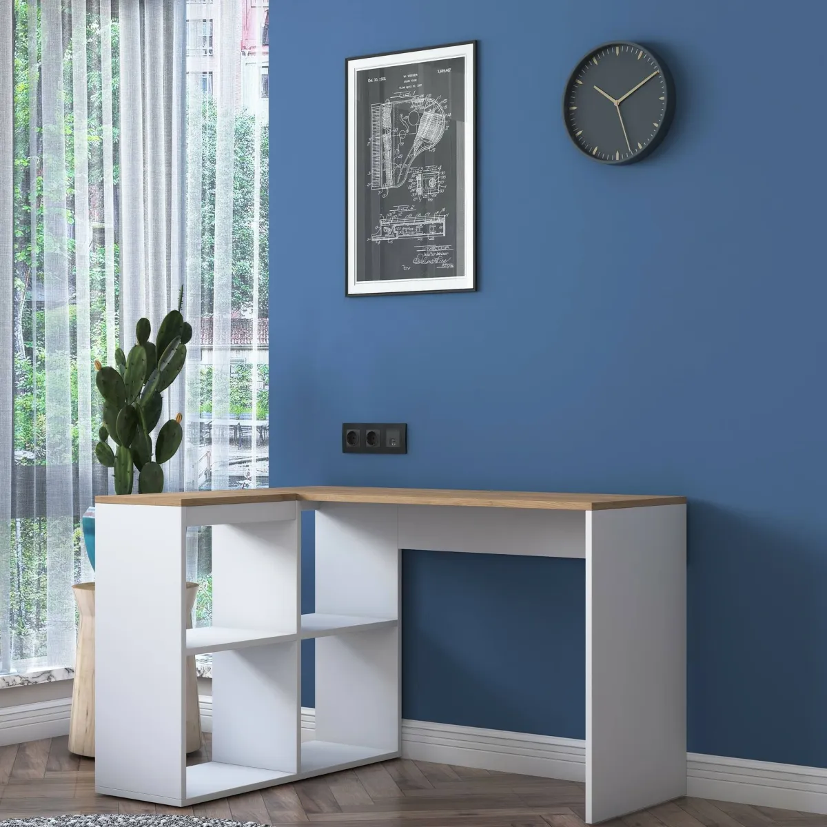 Scrivanie > Dmora Scrivania angolare quercia e bianca 120x50cm con libreria - Montone Bianco, Marrone Quercia