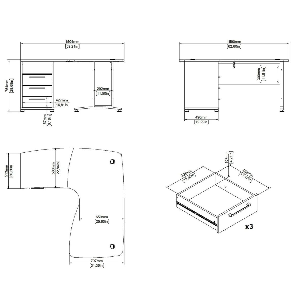 Scrivania angolare quercia 159x150cm con 3 cassetti - Lumpur
