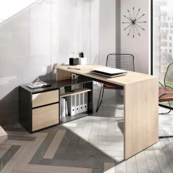 Ufficio|Camera Da Letto > Dmora Scrivania angolare rovere e antracite 139x92cm con 1 cassetto - Andor Nero Antracite, Marrone Rovere