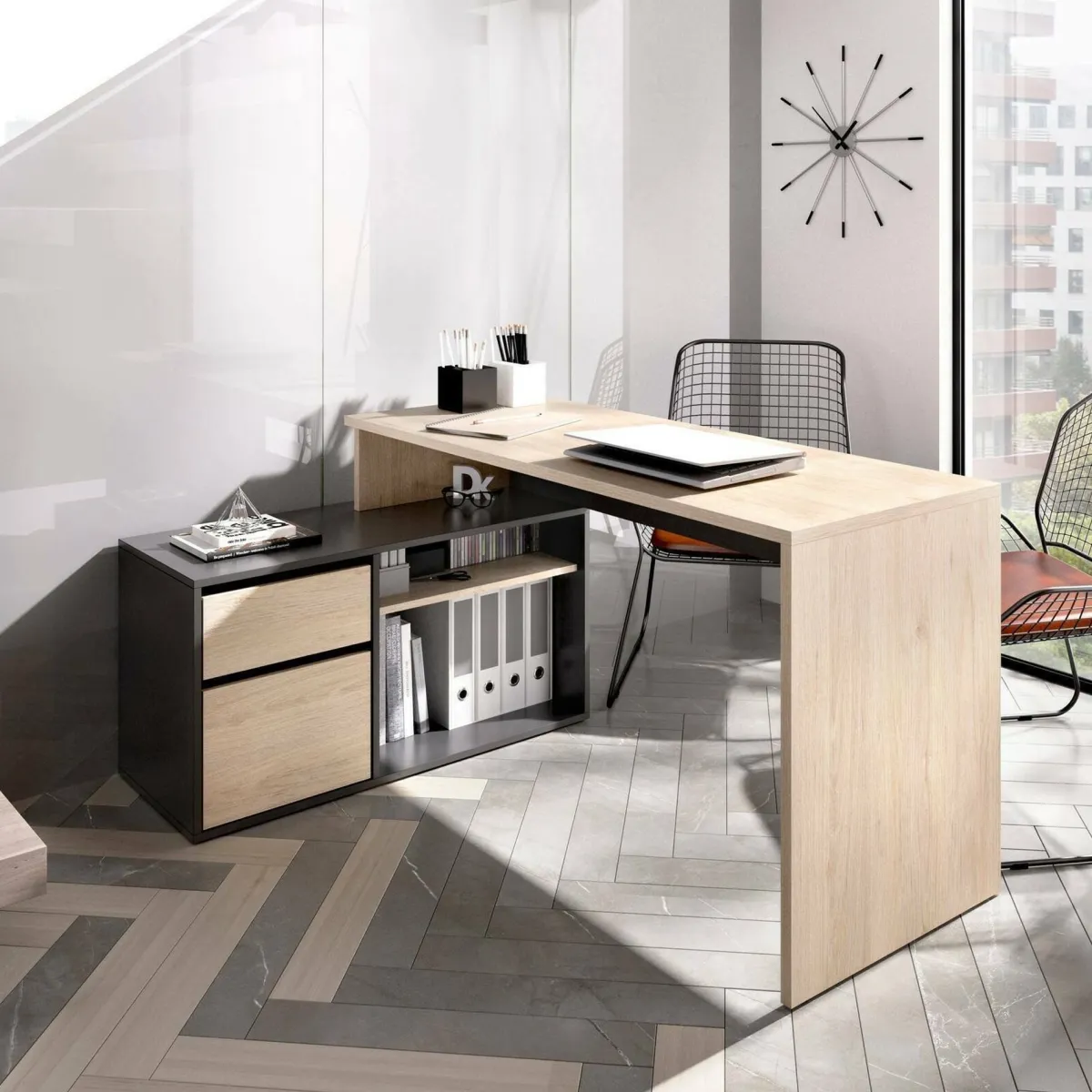 Ufficio|Camera Da Letto > Dmora Scrivania angolare rovere e antracite 139x92cm con 1 cassetto - Andor Nero Antracite, Marrone Rovere