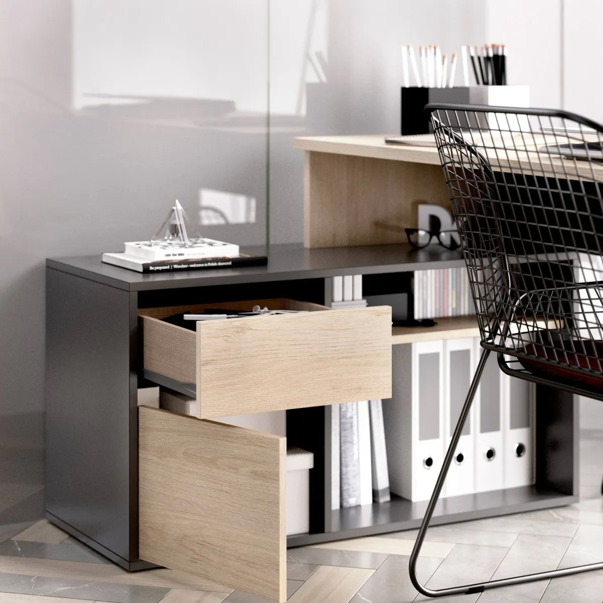 Ufficio|Camera Da Letto > Dmora Scrivania angolare rovere e antracite 139x92cm con 1 cassetto - Andor Nero Antracite, Marrone Rovere