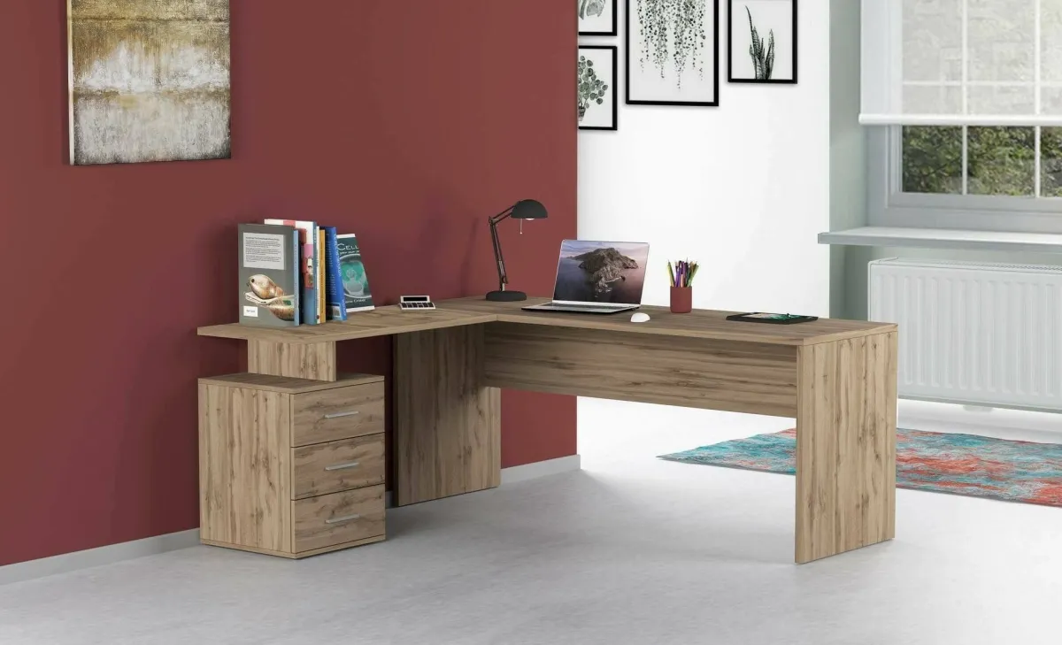 Ufficio|Camera Da Letto > Dmora Scrivania angolare rovere 180x60cm con 3 cassetti - Ascuby Marrone Rovere