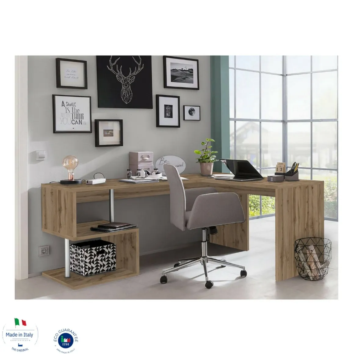 Ufficio|Camera Da Letto > Dmora Scrivania angolare rovere 180x60cm con 3 cassetti - Ascuby Marrone Rovere