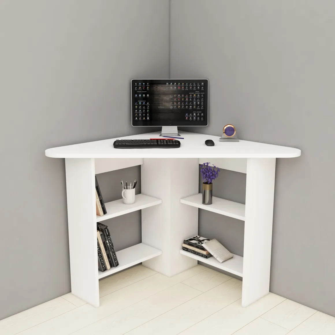 Scrivania Bianco Angolare 5 Ripiani 80x80x74h cm, 4 Vani - Mamette