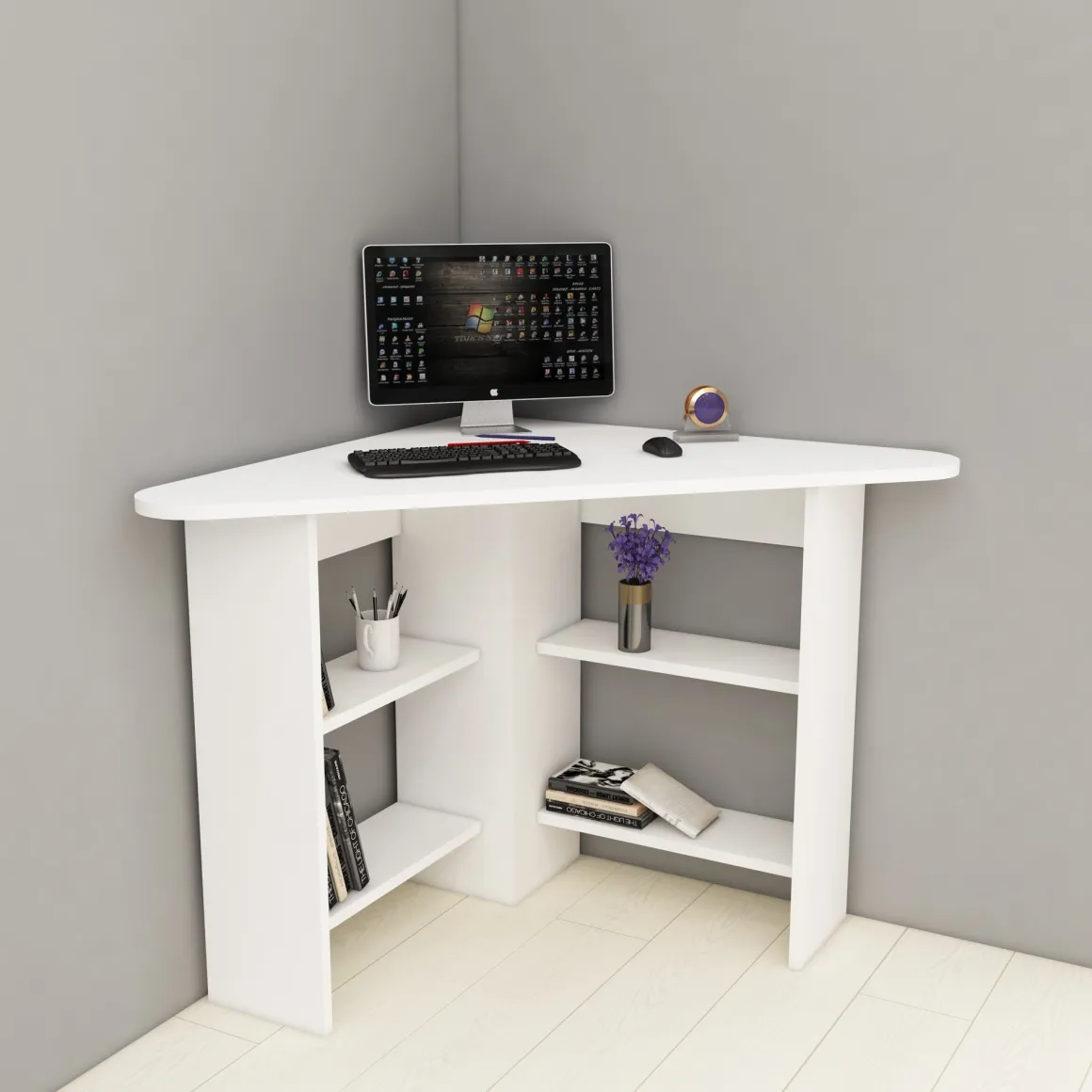 Scrivania Bianco Angolare 5 Ripiani 80x80x74h cm, 4 Vani - Mamette