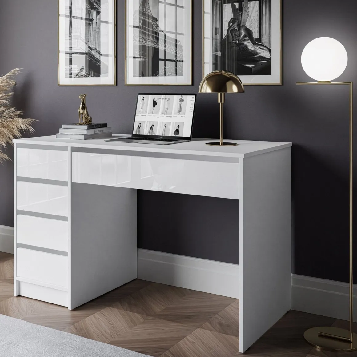 Scrivania Bianco Bianco Lucido 4 Cassetti Modulabile 120x55x143h cm, Fori Passacavi - Massico