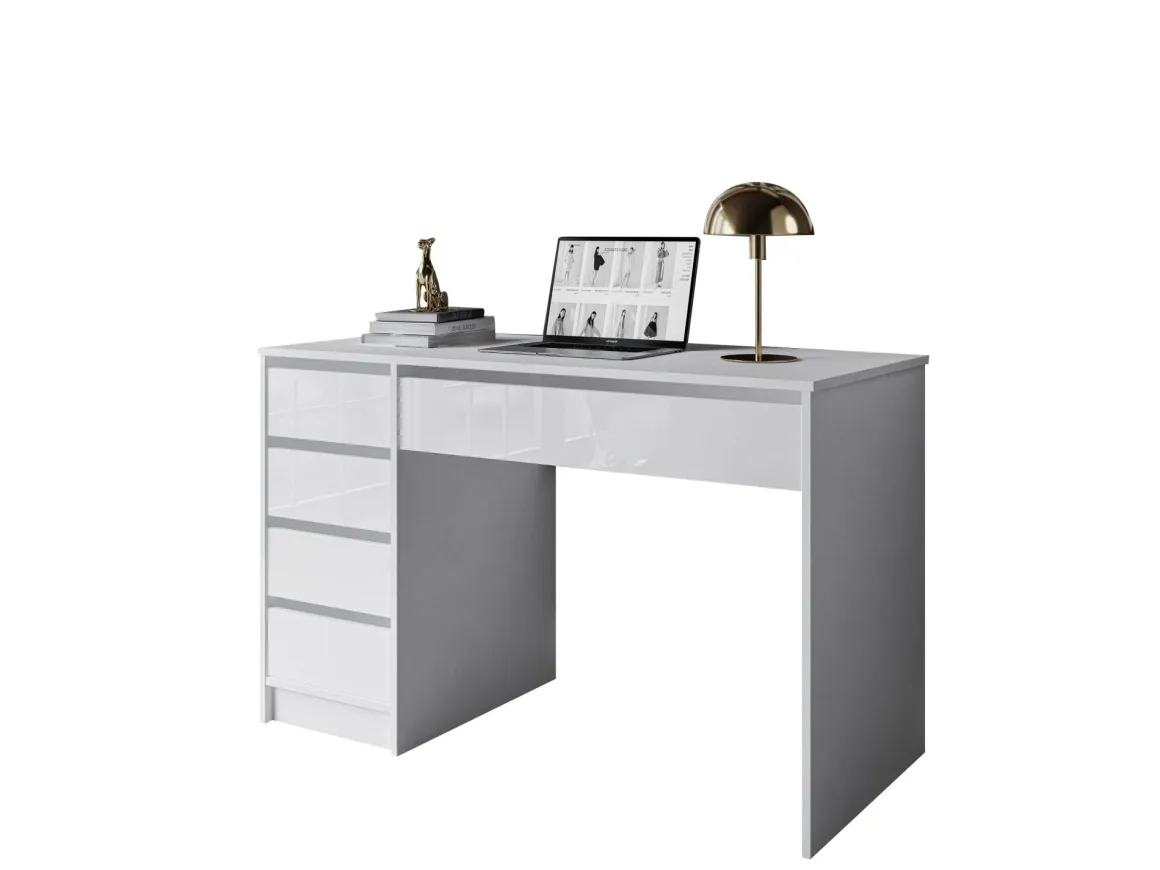 Scrivania Bianco Bianco Lucido 4 Cassetti Modulabile 120x55x143h cm, Fori Passacavi - Massico