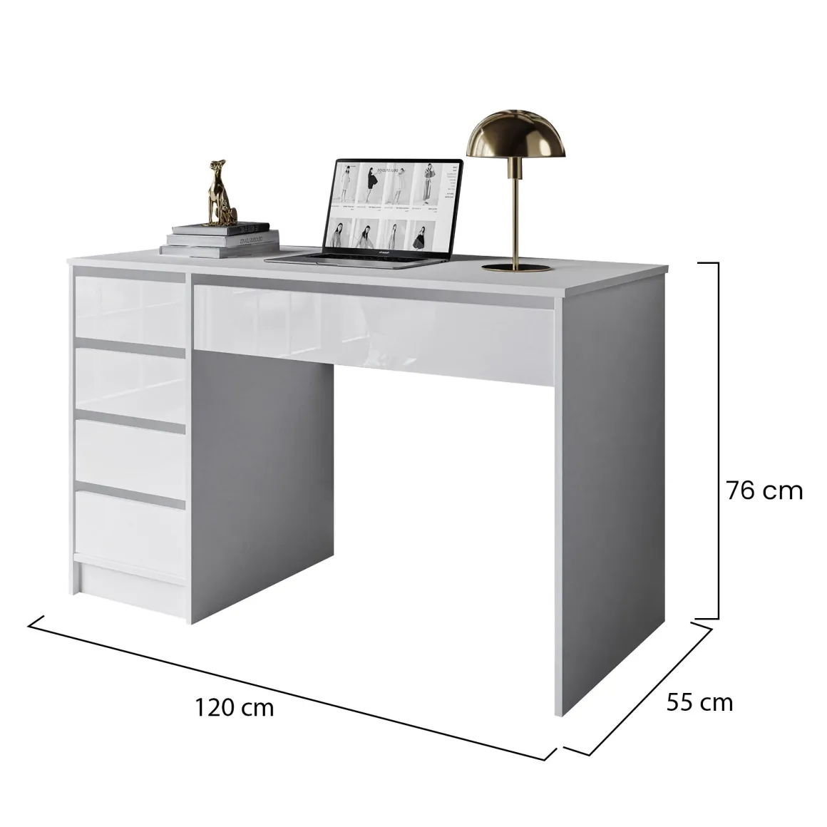 Scrivania Bianco Bianco Lucido 4 Cassetti Modulabile 120x55x143h cm, Fori Passacavi - Massico