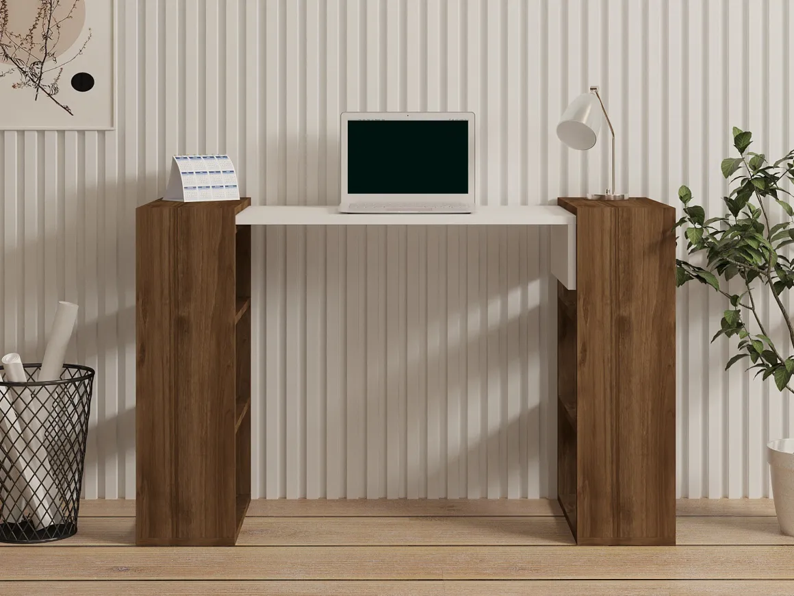 Scrivania Bianco Marrone Noce 5 Ripiani 6 Vani 124x44x75h cm, con Libreria - Furore
