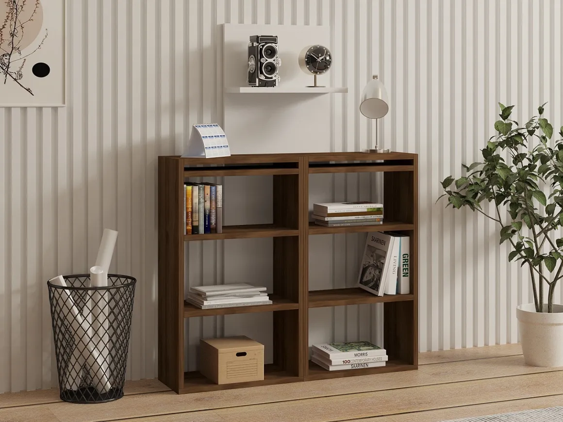 Scrivania Bianco Marrone Noce 5 Ripiani 6 Vani 124x44x75h cm, con Libreria - Furore