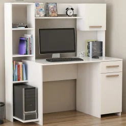 Scrivania Bianco Marrone Rovere 6 Ripiani un Cassetto 120x60x77h cm, 2 Ante - Marrucina