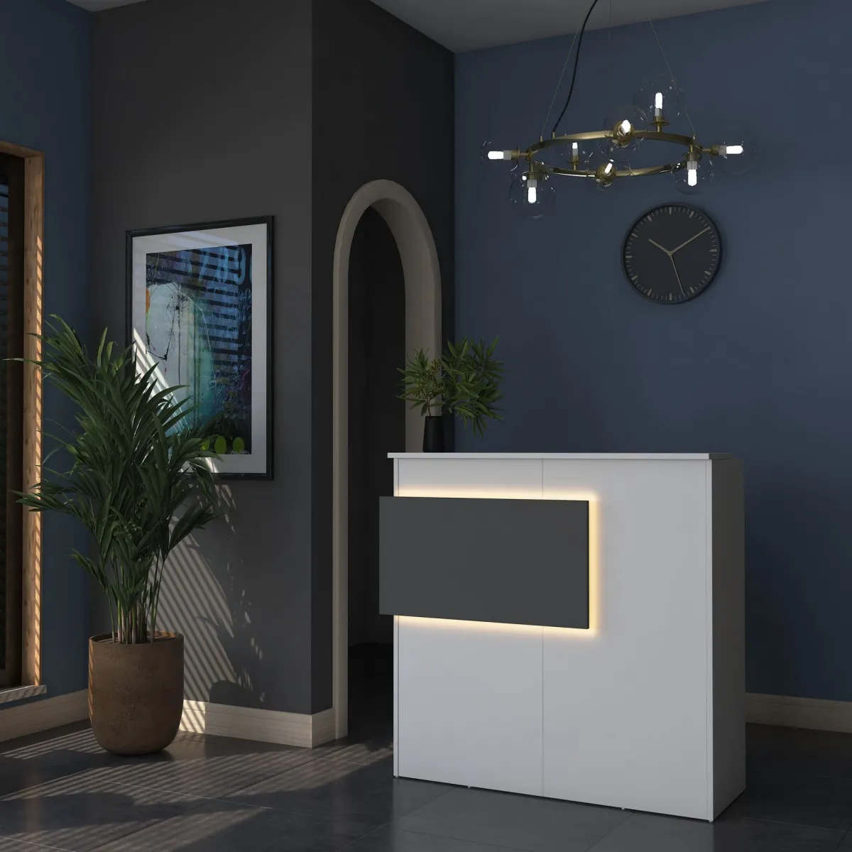 Scrivanie > Dmora Scrivania Bianco Nero Antracite un Ripiano 2 Cassetti 110x40x110h cm, Banco Reception - Volano Nero Antracite, Bianco