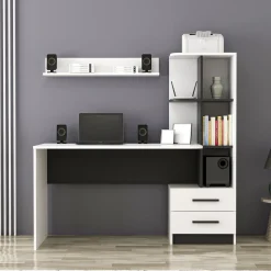 Scrivania Bianco Nero 7 Ripiani 2 Cassetti 120x60x74h cm, 4 Vani - Thiesi