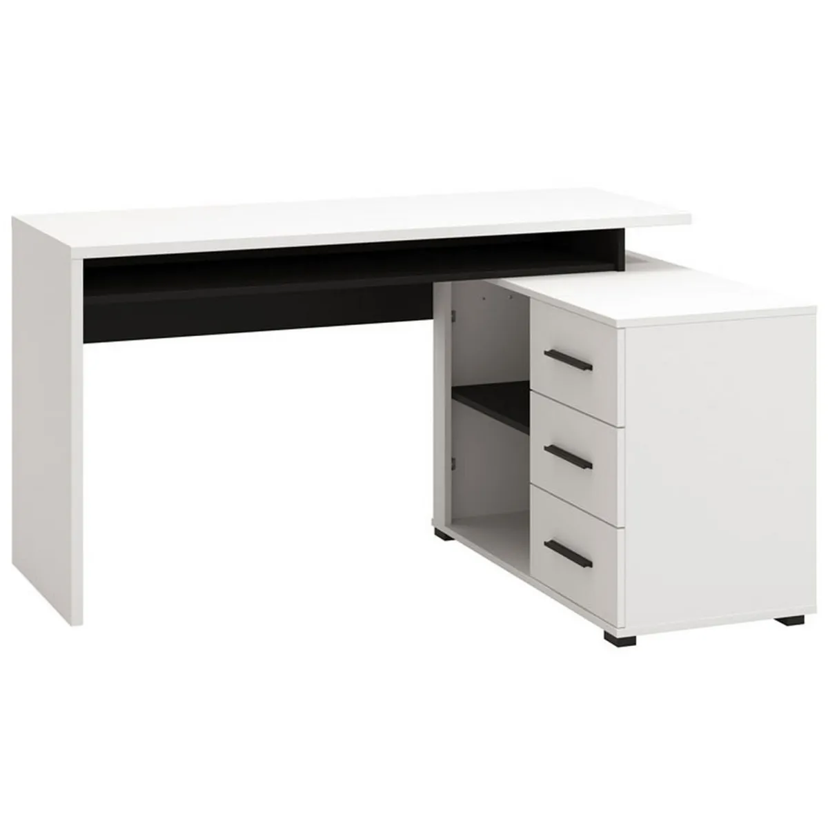 Scrivanie > Dmora Scrivania Bianco Opaco Nero Angolare 3 Ripiani 137.5x101.5x75h cm, 3 Cassetti - Sapri Nero, Bianco Opaco