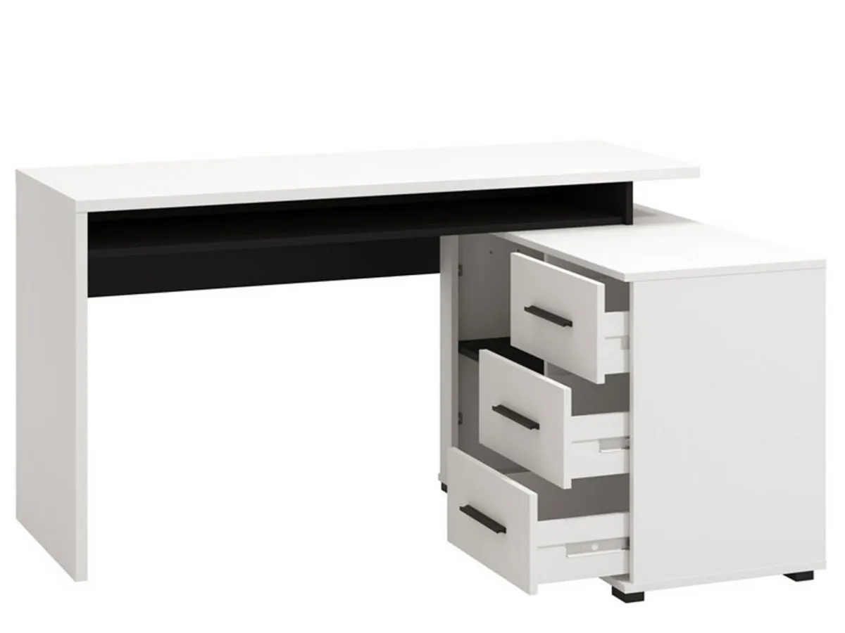 Scrivanie > Dmora Scrivania Bianco Opaco Nero Angolare 3 Ripiani 137.5x101.5x75h cm, 3 Cassetti - Sapri Nero, Bianco Opaco