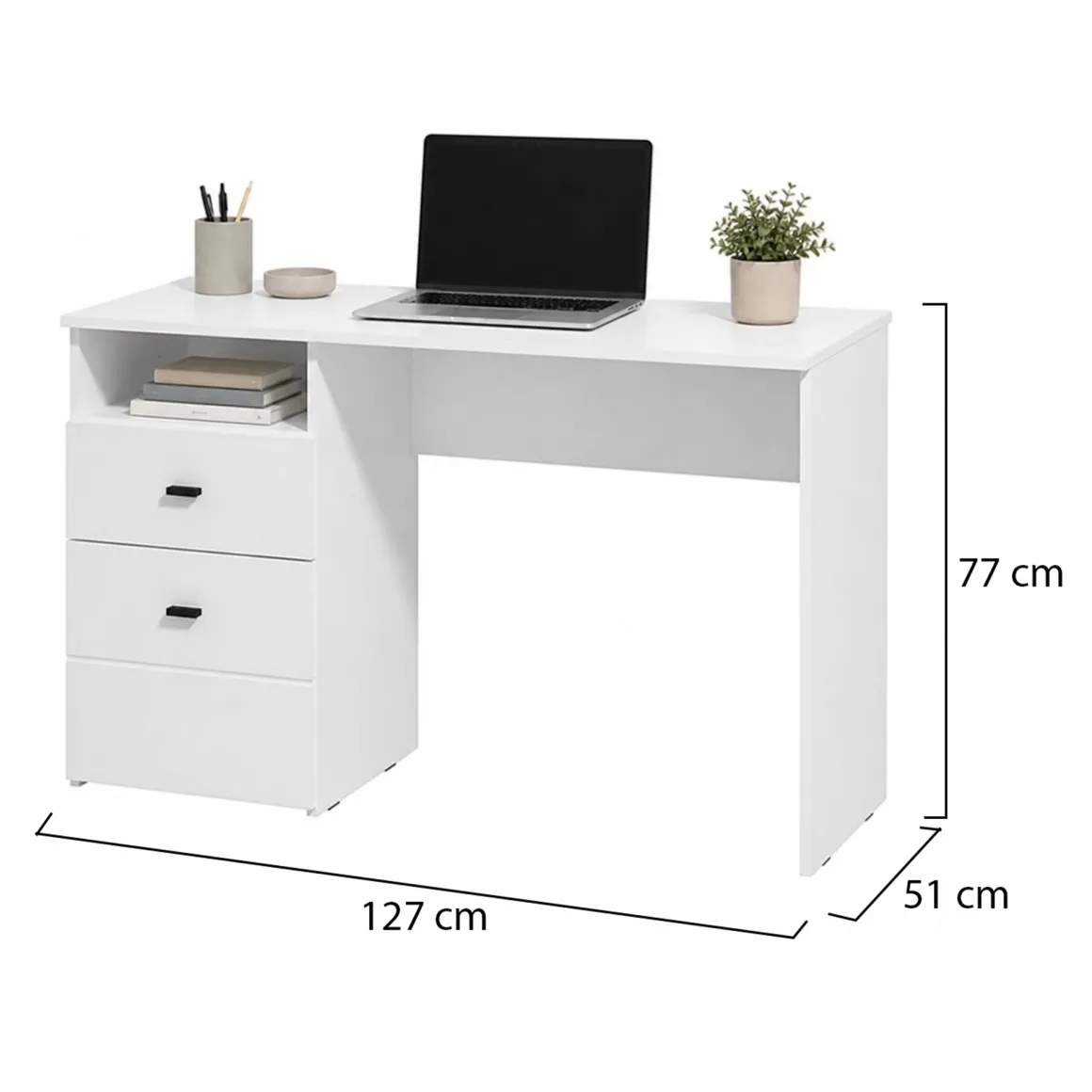 Scrivania Bianco Opaco Nero 2 Cassetti 2 Ripiani 127x51x77h cm, un Vano - Frutal