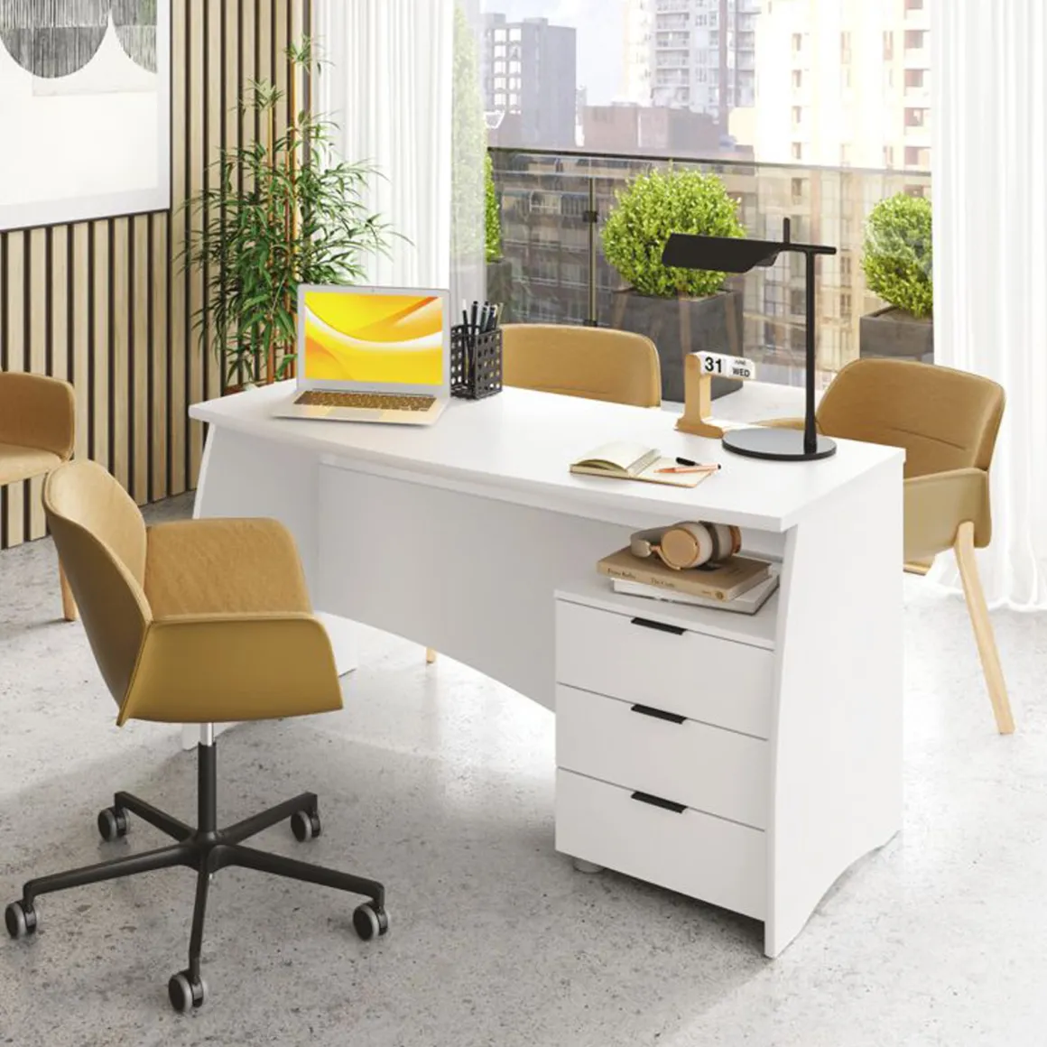 Scrivania Bianco Opaco Nero 3 Cassetti un Ripiano 136x67x72h cm, Sfumatura Colore Struttura Opaco - Azziz