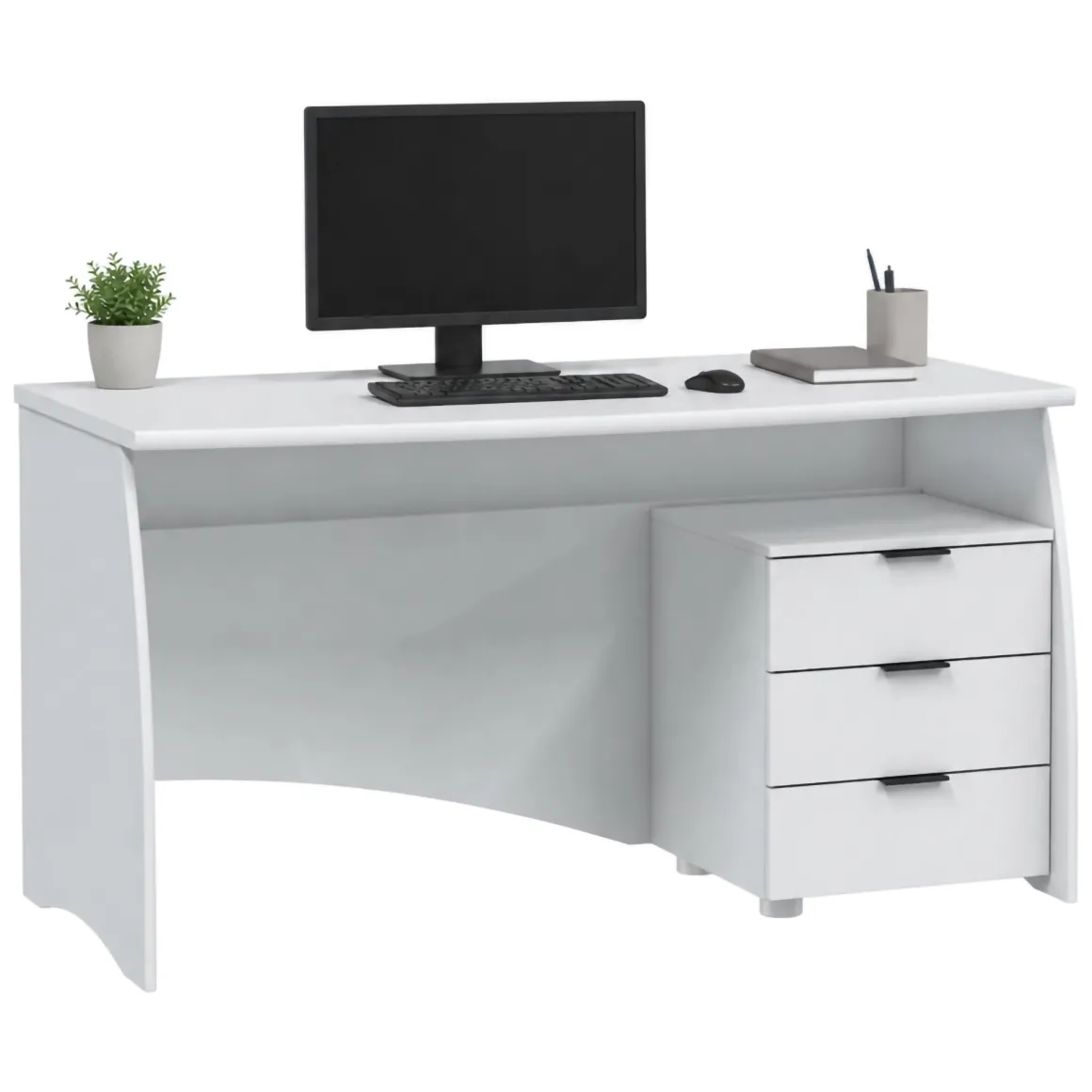 Scrivania Bianco Opaco Nero 3 Cassetti un Ripiano 136x67x72h cm, Sfumatura Colore Struttura Opaco - Azziz